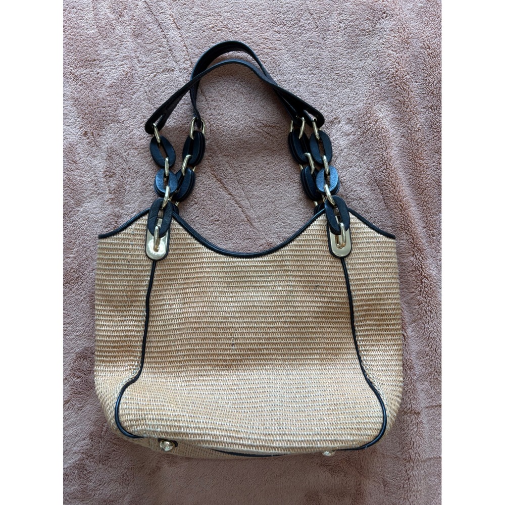 Michael Kors Straw Shoulder Bag Black Leather Trim Chain Link Handles Tan